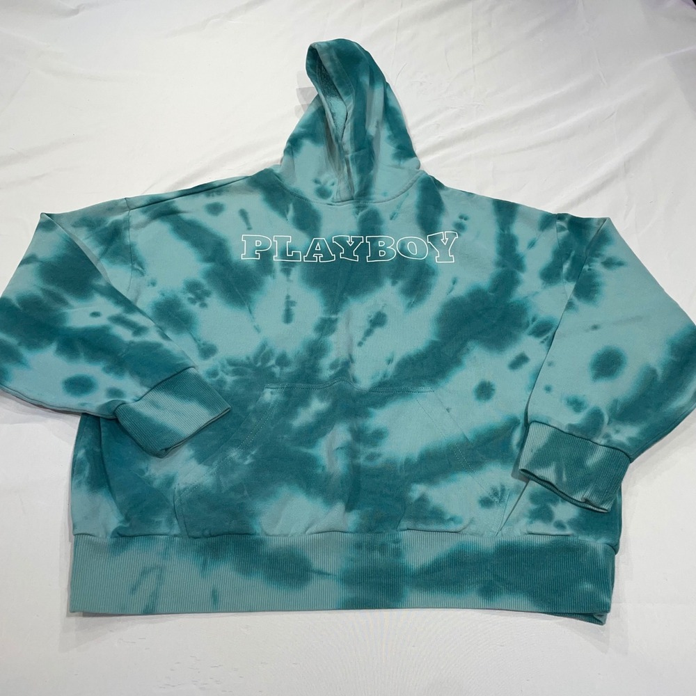 Playboy by PacSun Women Teal Tie Dye Oversized Fleece Hoodie Logo Blue M